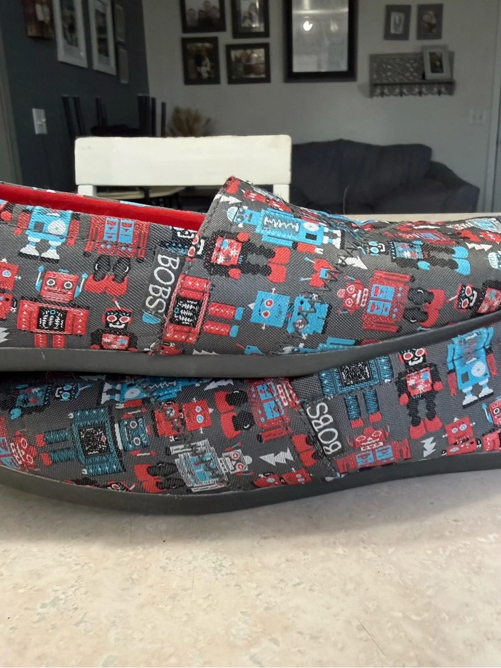 BOBS from Skechers Black Slip-On Loafers with Red & Blue Robot Print
